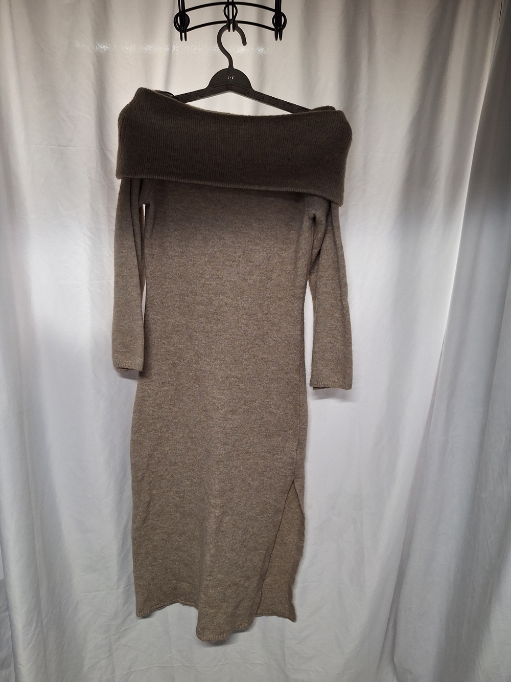H&M Off-the-Shoulder Long Knit Sweater Dress in Taupe